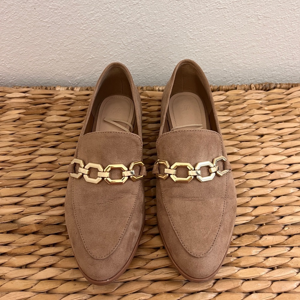 Tan Loafers with Gold Chain Detail